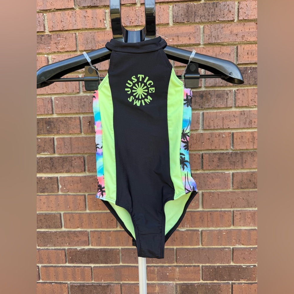 Justice Girls Tropical Swimsuit 1 Piece Halter Black Green Palm Tree Small 7-8